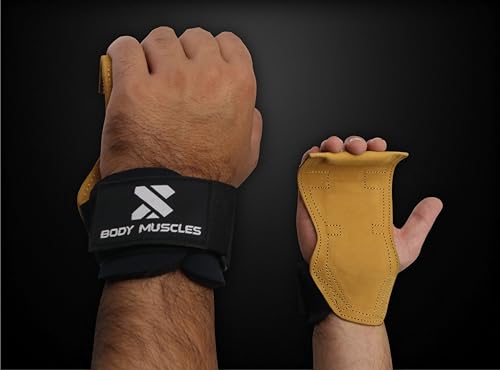 Leather Weightlifting Grips - Double Layer Leather Weight Lifting Grips for Powerlifting - Neoprene Padded Weight Lifting wrist Straps Gym with Metal Hooks - Deadlift Straps