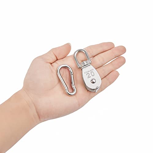 10x 304 Stainless Steel M20 Single Swivel Rope Pulley Blocks w/Snap Hooks | 360° anti-twist swivel pulley. For lifting, towing & hanging wire rope on crane/outdoor. Has spring snap hooks for fast fit - size: M20-10pcs