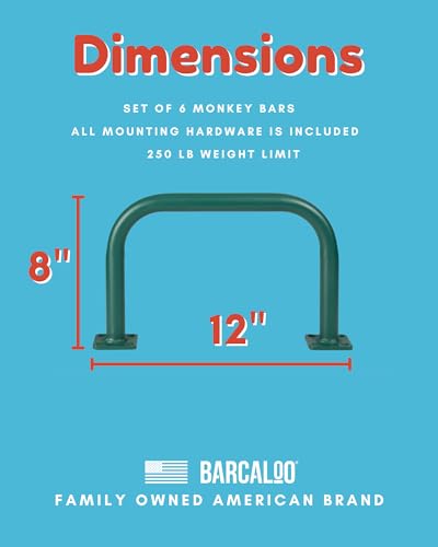 Barcaloo 12 x 8 Monkey Bars, Green - Set of 6, U-Shaped Metal Bars | For Swing Set, Ceiling Mount or Playground Ladder, Includes Mounting Hardware - color: Green