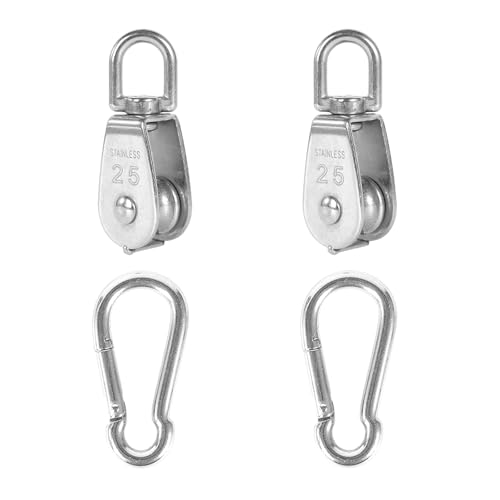 2X 304 Stainless Steel M25 Single Swivel Rope Pulley Blocks with Snap Hooks | 360° anti-twist swivel pulley. For lifting, towing & hanging wire rope on crane/outdoor. Has spring snap hooks for fast fit - size: M25-2pcs