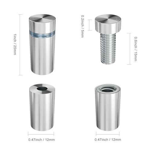 12-Pack Stainless Steel Standoff Screws with Wall Anchors & Rubber Pads – Sign Mounting Hardware for Acrylic Signs, Photo Frames, Advertising Boards, Silver(1/2" x 1" / 12mm x 25mm)