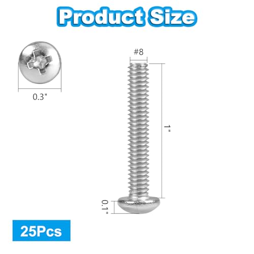 25 Pcs #8-32 x 1 Pan Head Machine Screws, 304 Stainless Steel, Truss Head Bolts, Full Thread, Bright Finish, Phillips Drive for Furniture Repairs and 3D Printer - size: #8-32 x 1"