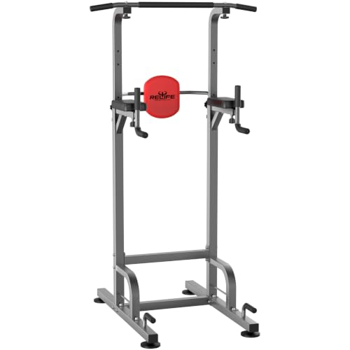 RELIFE REBUILD YOUR LIFE Power Tower Pull Up Bar Station Workout Dip Station for Home Gym Strength Training Fitness Equipment - color: Silver
