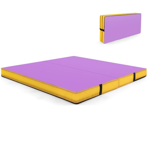 Goplus 4" Thick Folding Gymnastic Mat, Thickened Bi-Fold Fitness Mat with Carrying Handles & PU Leather Cover, Home Gym Tumbling Mat for Stretching, Pilates, Aerobics Workouts - color: Purple&Yellow
