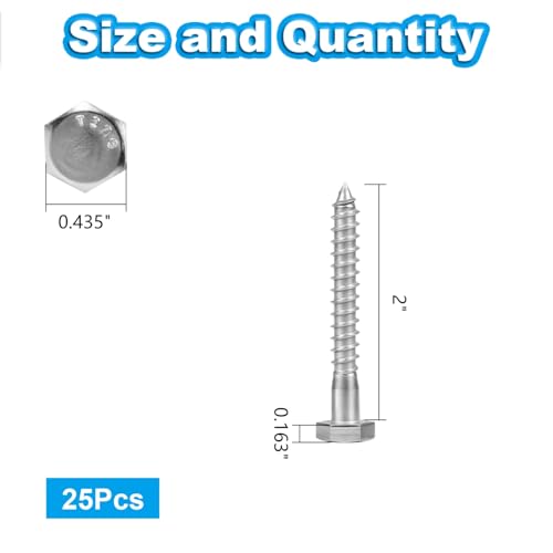 25 Pcs 1/4" x 2" Hex Head Lag Screws, 304 Stainless Steel Lag Bolts Hexagon Head Wood Screws Heavy Duty Large Screws for TV Mounts, Deck, Boat Repair - size: 1/4 x 2" (25 pcs)