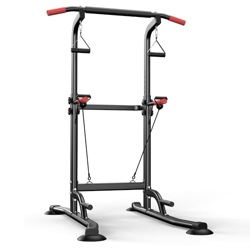 Power Tower Pull Up Bar Free standing with Resistance Bands, 350LBS Heavy Duty Alloy Steel Dip Station for Home Gym Strength Training, Adjustable Height Workout Equipment