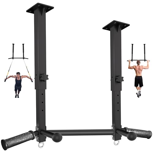 Ceiling Mount Pull Up Bar - 800 LBS Heavy Duty Adjustable Height Chin Up Bar with Ball Grips & TRX Anchors, Multi-Grip Overhead Workout Station for Garage, Basement & Home Gym