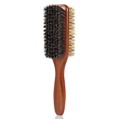Boar Bristle Hair Brush for Men and Women, Double Side Slick Back Hair Brush with Medium & Firm Bristle, Sturdy Men's Brush for Waves, Fades, Slick Back Style (Brown) - color: Brown