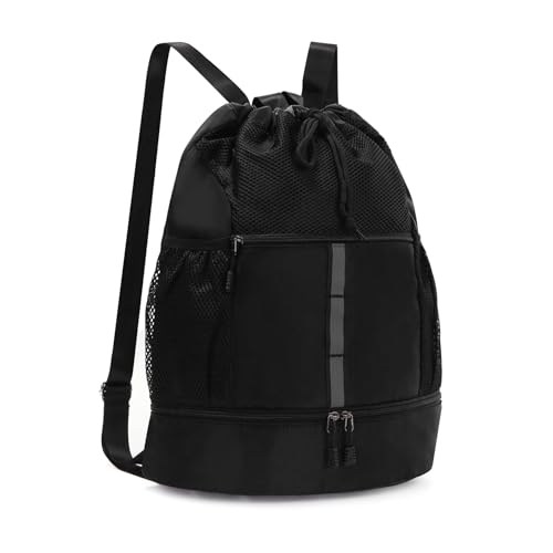 Valleycomfy Drawstring Gym Bag Sports Backpack With Shoe Compartment Black | Reflective Strips Top Handle - color: Black