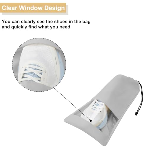 4 Pcs Single Shoe Bags for Travel, Drawstring Shoe Bags with Clear Window | 9.1"x17.7" Fits Most Shoes, Dust Resistant, Washable & Reusable, Travel Shoe Storage Bags for Men & Women - color: Grey