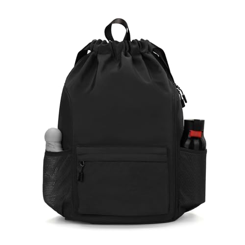 Valleycomfy Waterproof Drawstring Gym Backpack Bag for Men & Women Black | Sports Gym Bag with Side Pocket - color: A-black