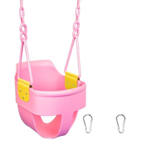 Premium High Back Full Bucket Toddler Swing Seat with Finger Grip, Plastic Coated Chains and Carabiners for Easy Install - Pink - Squirrel Products - color: Pink