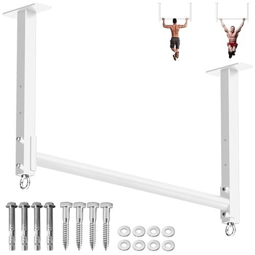 Ceiling Mounted Pull Up Bar, Heavy Duty 700 LBS Multi Grip Pull Up Bars, 16"/24" Rafter Chin Up Bar, Ceiling Joist for Garage/Gym/Basement with Comfortable Grip & Round Anchors, Easy to Install - color: White