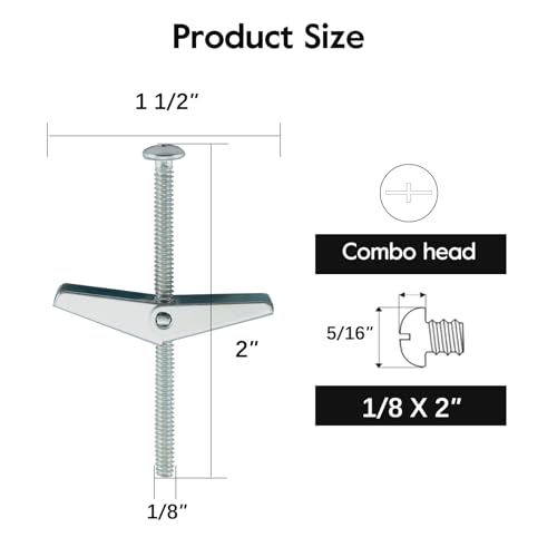 Toggle Bolts 1/8", 20pcs Butterfly Toggle Anchors for Drywall, Mental Hollow Wall Anchors, HOME MASTER HARDWARE Toggle Bolt and Wing Nut Set - size: 1/8"(30pcs)