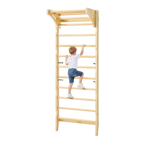 VEVOR Swedish Ladder Wall Gym, 2-in-1 10-Level Indoor Jungle Gym, 220LBS Loading Solid Wood Gymnastic Stall Bars for Kids & Adults, Indoor Playground Climbing Playset with Pull-Up Bar, Wall Ladder - style: 10-Level 2-in-1