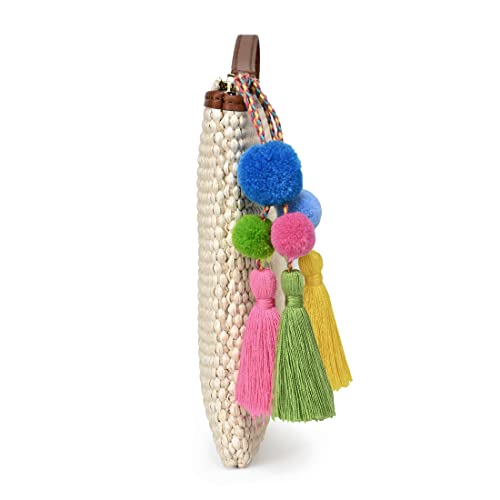 Luxury Straw Wristlet Pouch Beach Clutch Bag Small Summer Vacation Purse w. Colorful Pom Poms Tassels for Women - color: Beige