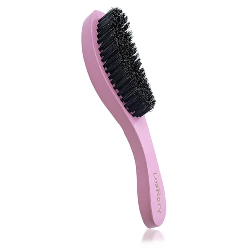 Boar Bristle Slick Back Hair Brush - Edge Control Hairbrush for Women Men | Medium Hard Natural Slicking Back Brushes for Straight and Curly Hair Smoothing Detangling, Anti-Frizz (Pink)