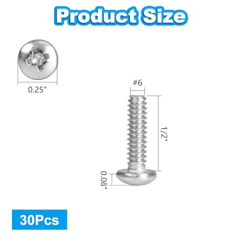 30 Pcs #6-32 x 1/2" Pan Head Machine Screws, 304 Stainless Steel, Truss Head Bolts, Full Thread, Bright Finish, Phillips Drive for Furniture Repairs and 3D Printer - size: #6-32 x 1/2"