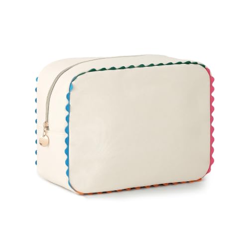 Canvas Makeup Bag for Women | Rainbow Rick Rack Trim,Mahjong Tile Travel Toiletry Organizer,Everyday Use, Beach and Gift for Girlfriend - color: Natural+Rainbow