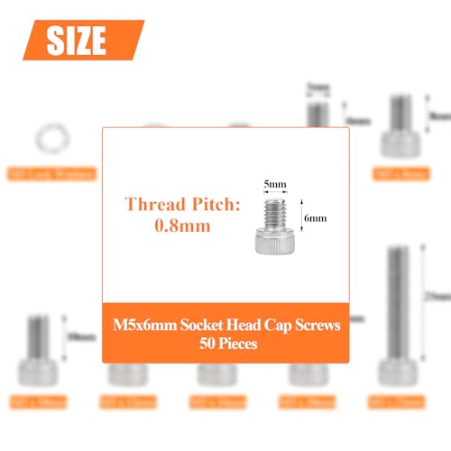 HELIFOUNER 50 Pieces M5 x 6mm, Thread Pitch 0.8mm, 304 Stainless Steel (18-8) Hex Socket Head Cap Screws, Fully Threaded - size: M5 x 6mm