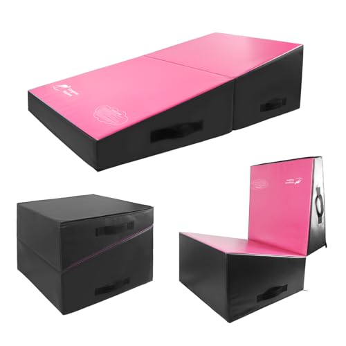 Kangaroo Hoppers Gymnastics Cheese Wedge Mat for Kids Ages 1-12 | 3 Sizes Folding Incline Mat with High-Density EPE Foam and Removable PVC Leather Cover, Home Gym Training Equipment - color: Black/Hot Pink, size: 56" x 28" x 15"