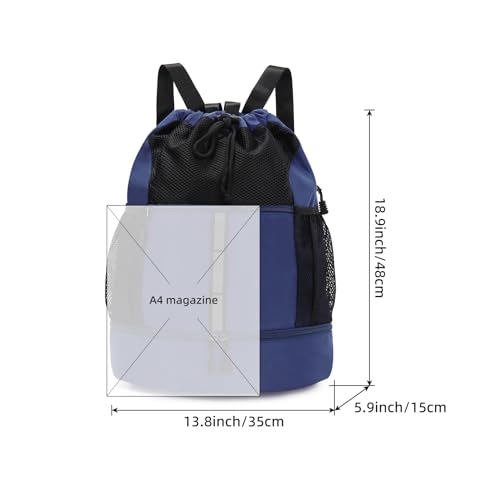 Valleycomfy Drawstring Gym Bag Sports Backpack With Shoe Compartment | Reflective Strips Top Handle Dark Blue - color: Dark Blue