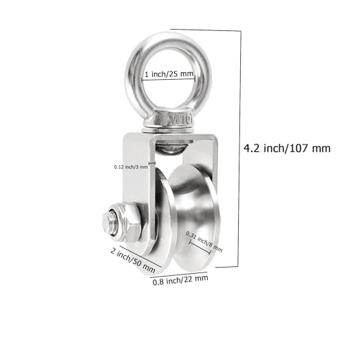 2 Inch U-Type Pulleys for Rope, Stainless Steel M10 Swivel Pulley Block with Bearing, U-Groove Roller Single Pulley Wheel for Pulley System Lifting Gym Equipment Cable Traction Wheels 1 Pack