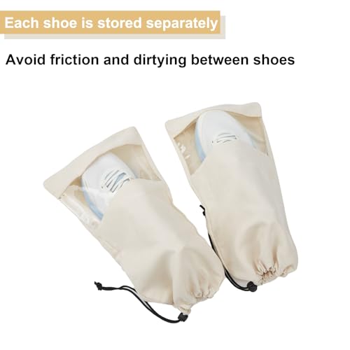 4 Pcs Single Shoe Bags for Travel, Drawstring Shoe Bags with Clear Window | 9.1"x17.7" Fits Most Shoes, Dust Resistant, Washable & Reusable, Travel Shoe Storage Bags for Men & Women - color: Beige