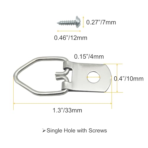 100 Pack Small D-Ring Steel Picture Hangers with Screws (Silver) | Metal Picture Hanging Kit, Picture Frames Hangers, For Hanging Photo Frames, Artwork, Paintings, Clock, Canvas Hooks - size: 100 Pack-Single hole