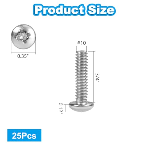 25 Pcs #10-24 x 3/4" Pan Head Machine Screws, 304 Stainless Steel, Truss Head Bolts, Full Thread, Bright Finish, Phillips Drive for Furniture Repairs and 3D Printer - size: #10-24 x 3/4"