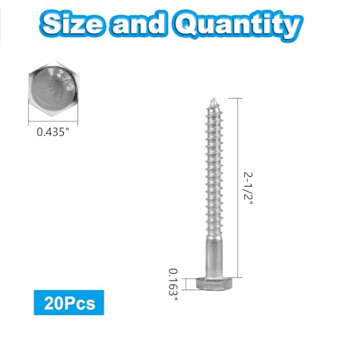 20 Pcs 1/4" x 2-1/2" Hex Head Lag Screws, 304 Stainless Steel Lag Bolts Hexagon Head Wood Screws Heavy Duty Large Screws for TV Mounts, Deck, Boat Repair - size: 1/4 x 2-1/2"(20 pcs)