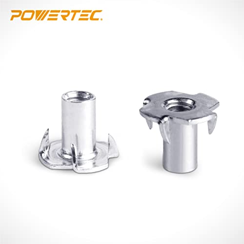 POWERTEC 1/4-20 T Nuts, 50 Pcs | 4 Pronged Tee Nuts for Bolts and Stem Caster Wheels, Threaded Inserts for Wood Working, Rock Climbing Holds and Furniture, For Use with Hammer | 9/16" length (QTN1102)