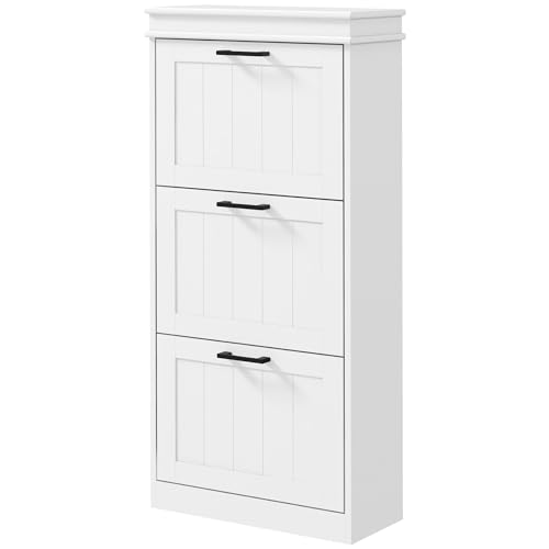 HOMCOM Shoe Storage Cabinet with 3 Flip Drawers, Narrow Shoe Cabinet, White | Freestanding, Adjustable Shelves, Slim Hidden Rack Organizer, Entryway, Hallway