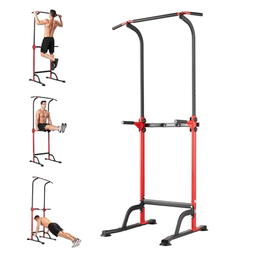 Power Tower Pull Up Bar Station - 330 LBS Stable Multi-Function Gym Dip Station for Home Strength Training Equipment - 10 Adjustable Heights Heavy Duty Pull-Up Tower with h-Shaped Base & Push-Up - color: Red