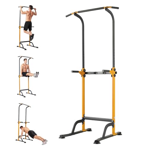 Power Tower Pull Up Bar Station - 330 LBS Stable Multi-Function Gym Dip Station for Home Strength Training Equipment - 10 Adjustable Heights Heavy Duty Pull-Up Tower with h-Shaped Base & Push-Up - color: Yellow