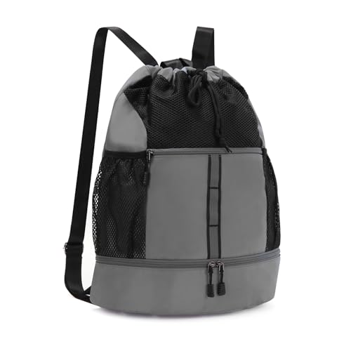 Valleycomfy Drawstring Gym Bag Sports Backpack With Shoe Compartment Grey | Reflective Strips Top Handle - color: Grey08