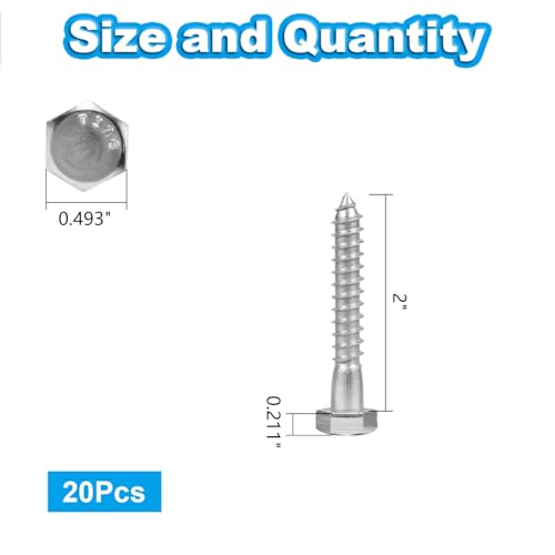 20 Pcs 5/16" x 2" Hex Head Lag Screws, 304 Stainless Steel Lag Bolts Hexagon Head Wood Screws Heavy Duty Large Screws for TV Mounts, Deck, Boat Repair - size: 5/16 x 2" (20 pcs)
