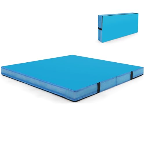 Goplus 4" Thick Folding Gymnastic Mat, Thickened Bi-Fold Fitness Mat with Carrying Handles & PU Leather Cover, Home Gym Tumbling Mat for Stretching, Pilates, Aerobics Workouts - color: Blue