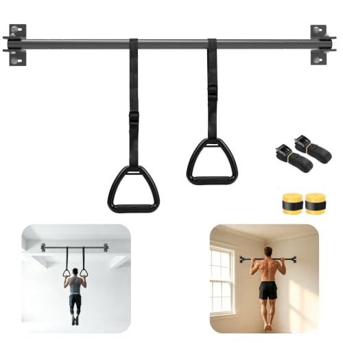 48'' Joist Mounted Pull Up Bar with Gym Rings Wall Studs Mount Chin Up Bar for Ceiling, Beams, Doorway & Corner Mount Heavy Duty Pull-up Grips for Home Gym Strength Training – Patent Pending