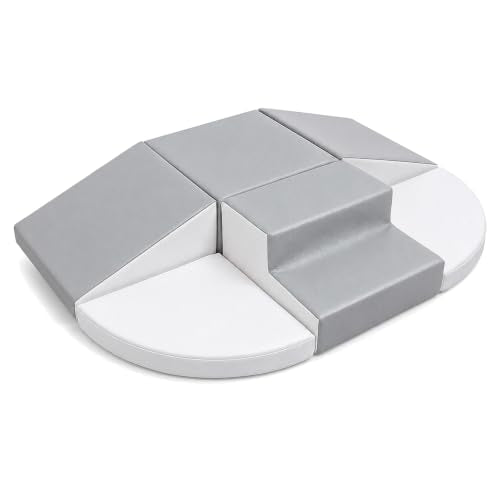 Hoohtoot Soft Foam Climbing Blocks for Toddlers: 6-Piece PU Leather Play Set - Kids Climbing and Crawling Toys - Indoor Baby Play Structure - Fun Learning Gym - style: Grey/White