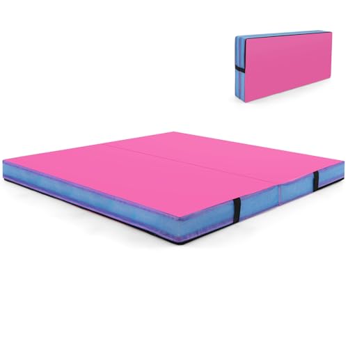 Goplus 4" Thick Folding Gymnastic Mat, Thickened Bi-Fold Fitness Mat with Carrying Handles & PU Leather Cover, Home Gym Tumbling Mat for Stretching, Pilates, Aerobics Workouts - color: Rose&Blue