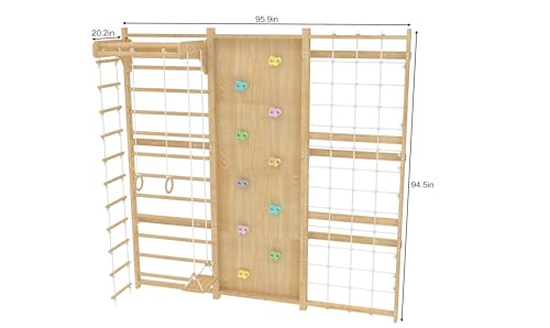 Avenlur Walnut Modular 9-in-1 Swedish Ladder Wall Gym, Kids Climbing Wall | 94.5-Inch Modular Indoor Playground & Jungle Gym: Rock Climbing Wall for Kids, Monkey Bars, Slide, Swing, Rope Net