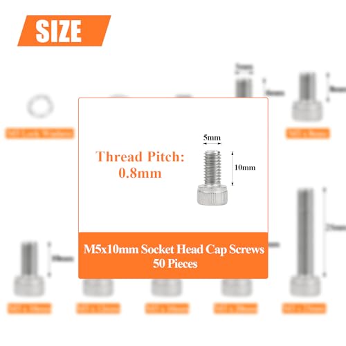 HELIFOUNER 50 Pieces M5 x 10mm, Thread Pitch 0.8mm, 304 Stainless Steel (18-8) Hex Socket Head Cap Screws, Fully Threaded - size: M5 x 10mm