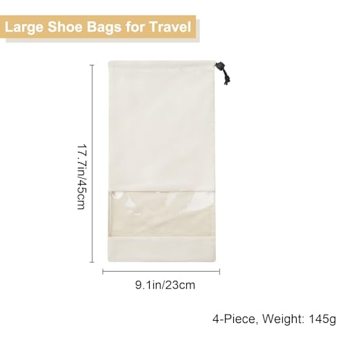 4 Pcs Single Shoe Bags for Travel, Drawstring Shoe Bags with Clear Window | 9.1"x17.7" Fits Most Shoes, Dust Resistant, Washable & Reusable, Travel Shoe Storage Bags for Men & Women - color: Beige