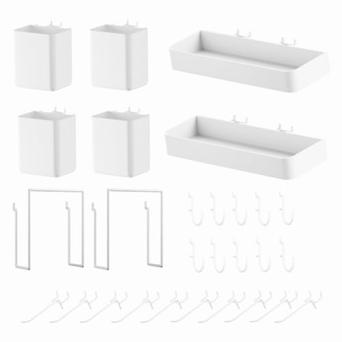 FZK 28-Packs Peg Board Organizer Accessories Kit, White | Includes ABS bins, shelves, book racks, and pegboard hooks, fits standard pegboards, ideal for home, office and craft room - color: White