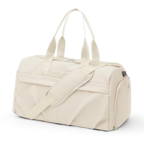 Gym Bag for Women Men with Shoe Compartment, Sport Duffel Bag, Waterproof Travel Weekender Overnight Carry on Bag for Yoga with Trolley Sleeve, Beige - color: A6-Beige