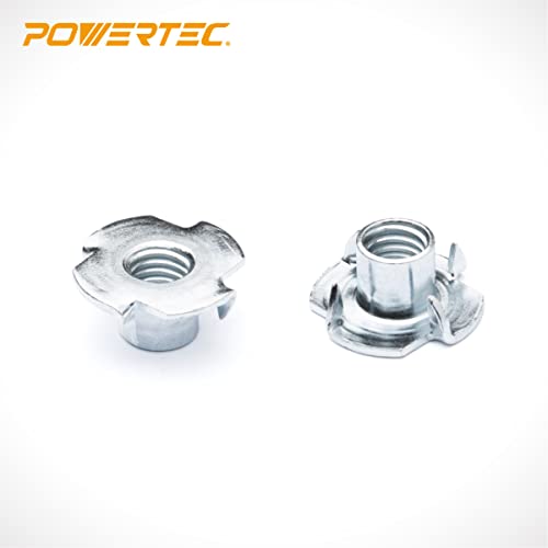 POWERTEC 3/8"-16 T Nuts, 100 Pack | 4 Pronged Tee Nuts for Bolts and Stem Caster Wheels, Threaded Inserts for Woodworking, Rock Climbing Holds and Furniture | 13/32" Length (QTN1106-P2) - size: 13/32", style: 3/8"-16