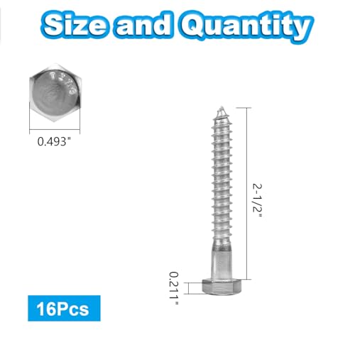 16 Pcs 5/16" x 2-1/2" Hex Head Lag Screws, 304 Stainless Steel Lag Bolts Hexagon Head Wood Screws Heavy Duty Large Screws for TV Mounts, Deck, Boat Repair - size: 5/16 x 2-1/2" (16 pcs)
