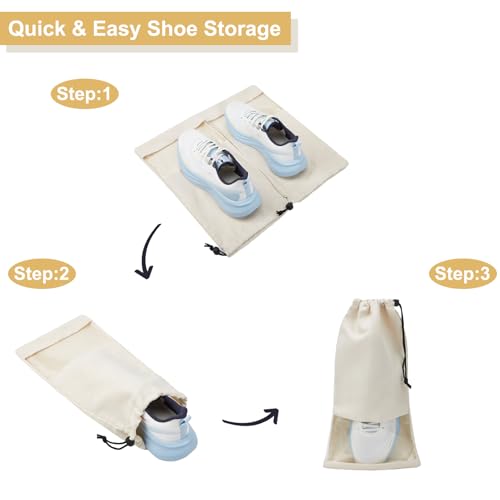 4 Pcs Single Shoe Bags for Travel, Drawstring Shoe Bags with Clear Window | 9.1"x17.7" Fits Most Shoes, Dust Resistant, Washable & Reusable, Travel Shoe Storage Bags for Men & Women - color: Beige