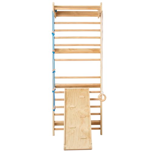 VEVOR Swedish Wall Gym, 15-Level 5 in 1 Wooden Indoor Jungle Gym, 220 lbs Load Capacity Playground Climbing Toys with Pull-Up Bar, Gymnastic Rings, Wall Ladder, Rope Ladder, and Slide Board - style: 15-Level 5 in 1